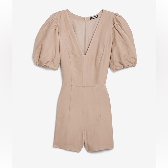 Express Linen-Blend Puff Sleeve Romper Neutral Cream Tan Size XS - Picture 5 of 14